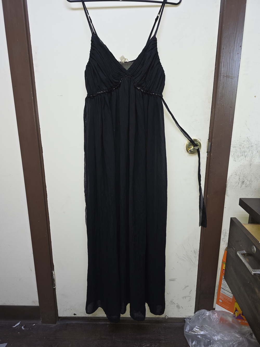 Black Spaghetti-Strap Maxi Dress with Gathered Bodice